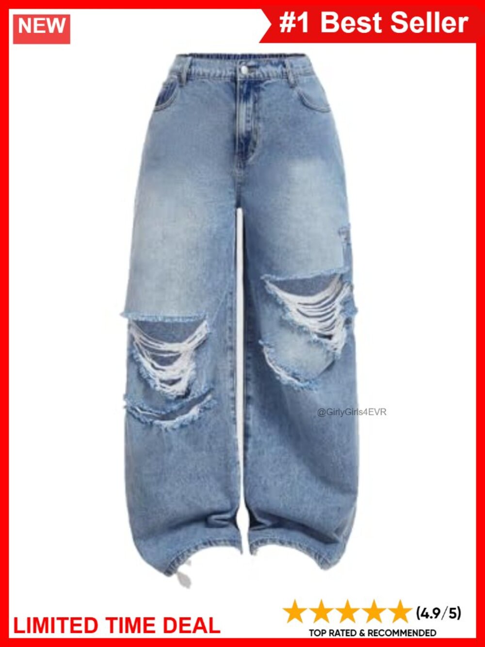 Plus Size Wide Leg Distressed Jeans High Waisted Relaxed Fit Ripped Denim